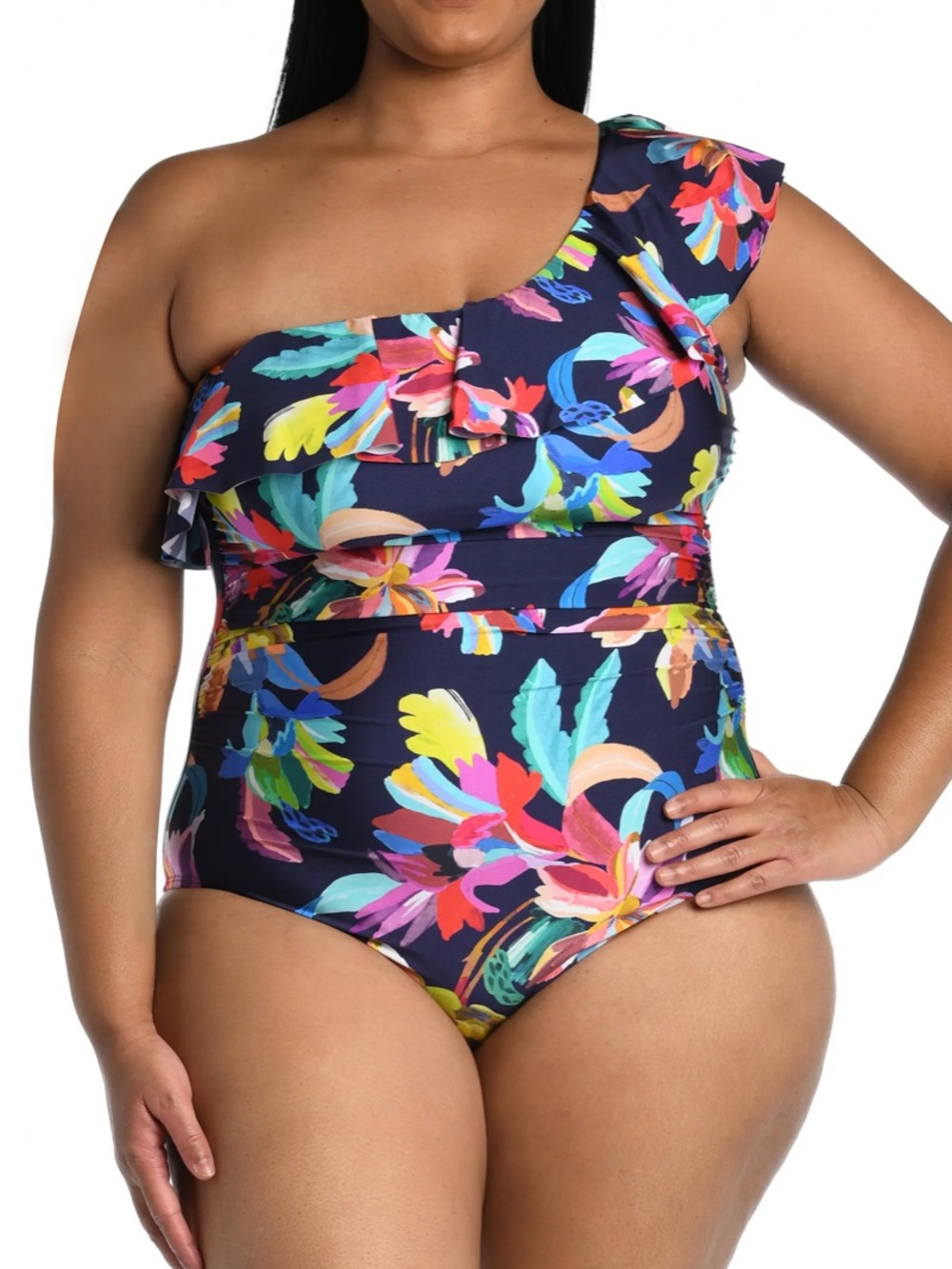 La Blanca One Shoulder Ruffle Floral One Piece Swimsuit Size 16 EUC